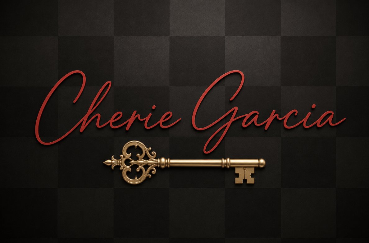 Cherie Garcia logo: her name in red script over a gold skeleton key on a dark checkerboard